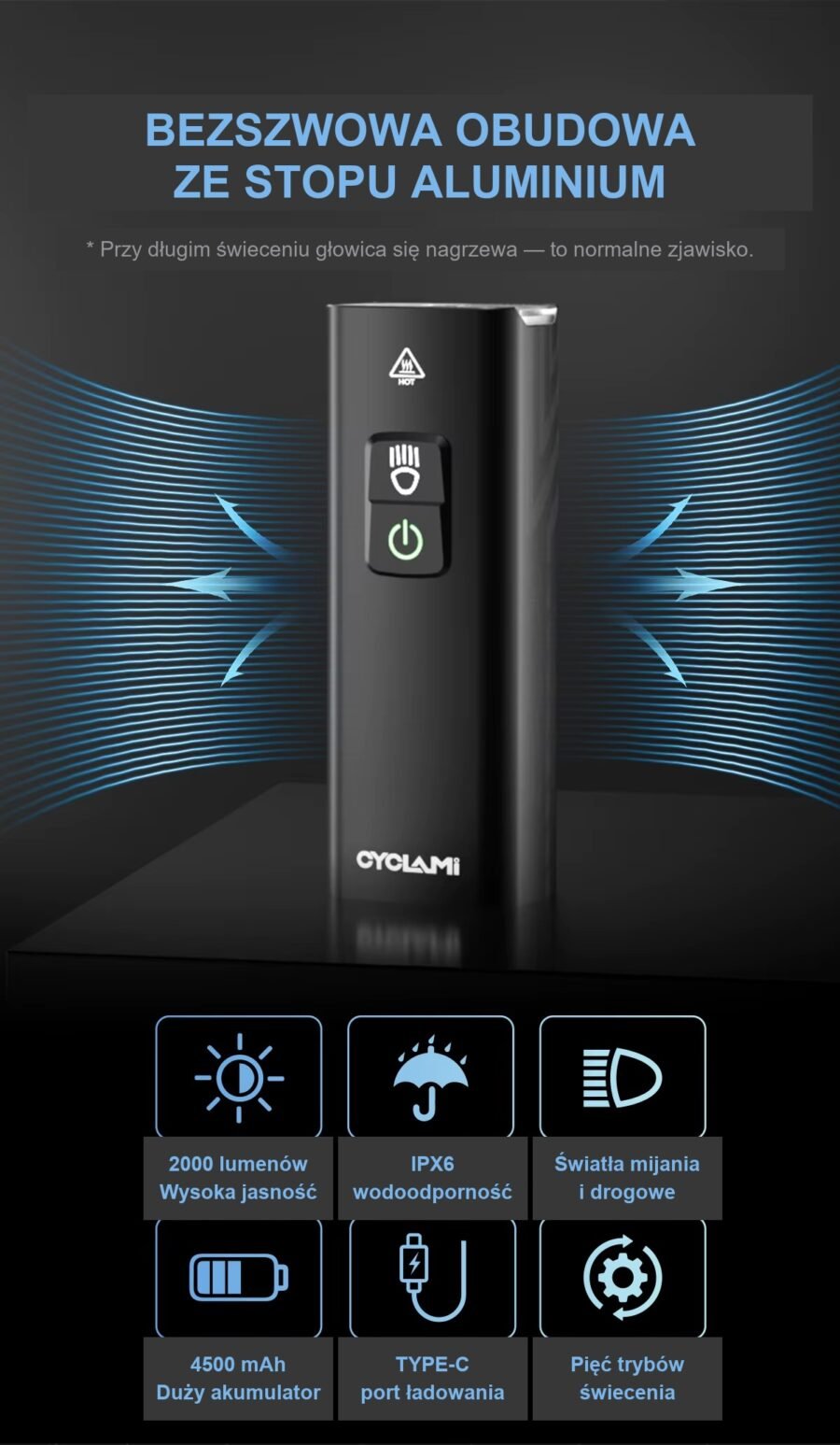 Mocna Lampka Rowerowa Przód CYCLAMI 2000LM 4500mAh
