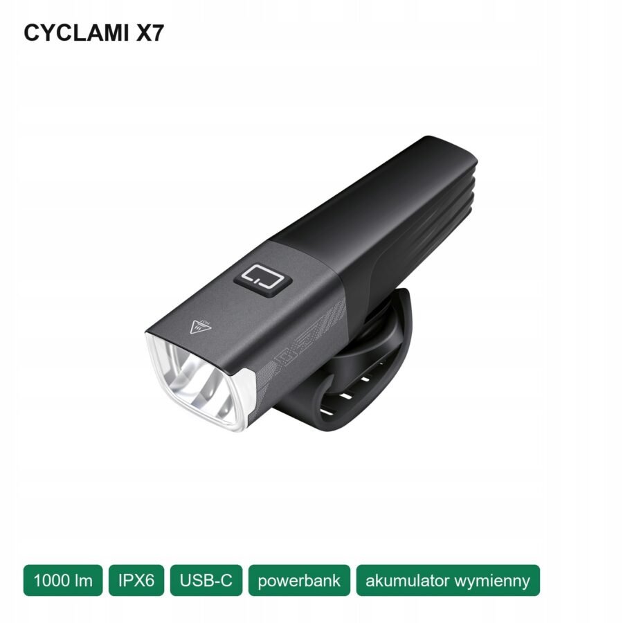 Lampka rowerowa przednia CYCLAMI X7 1000lm LED USB-C akumulator powerbank
