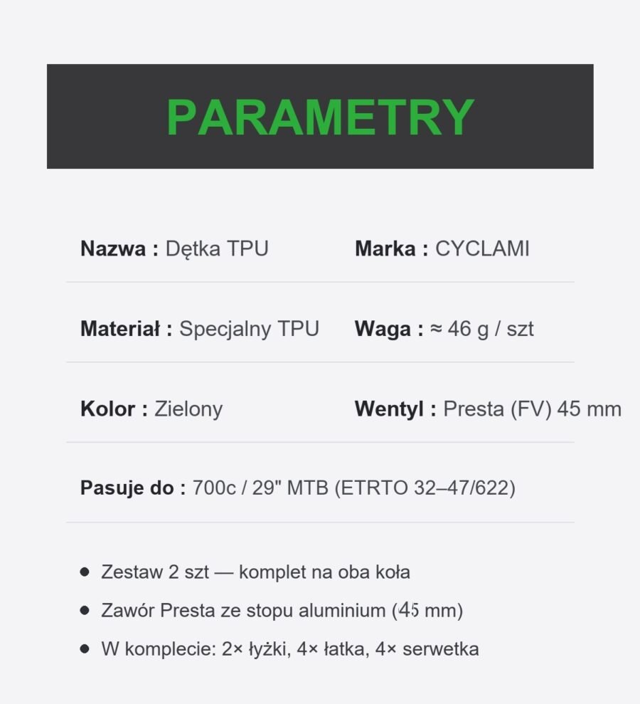 al-i29mtb-2x-v45pr-pl-46g-green-6 Dętka TPU Zestaw 2szt 700C 29 MTB (32/47-622) Presta 45mm
