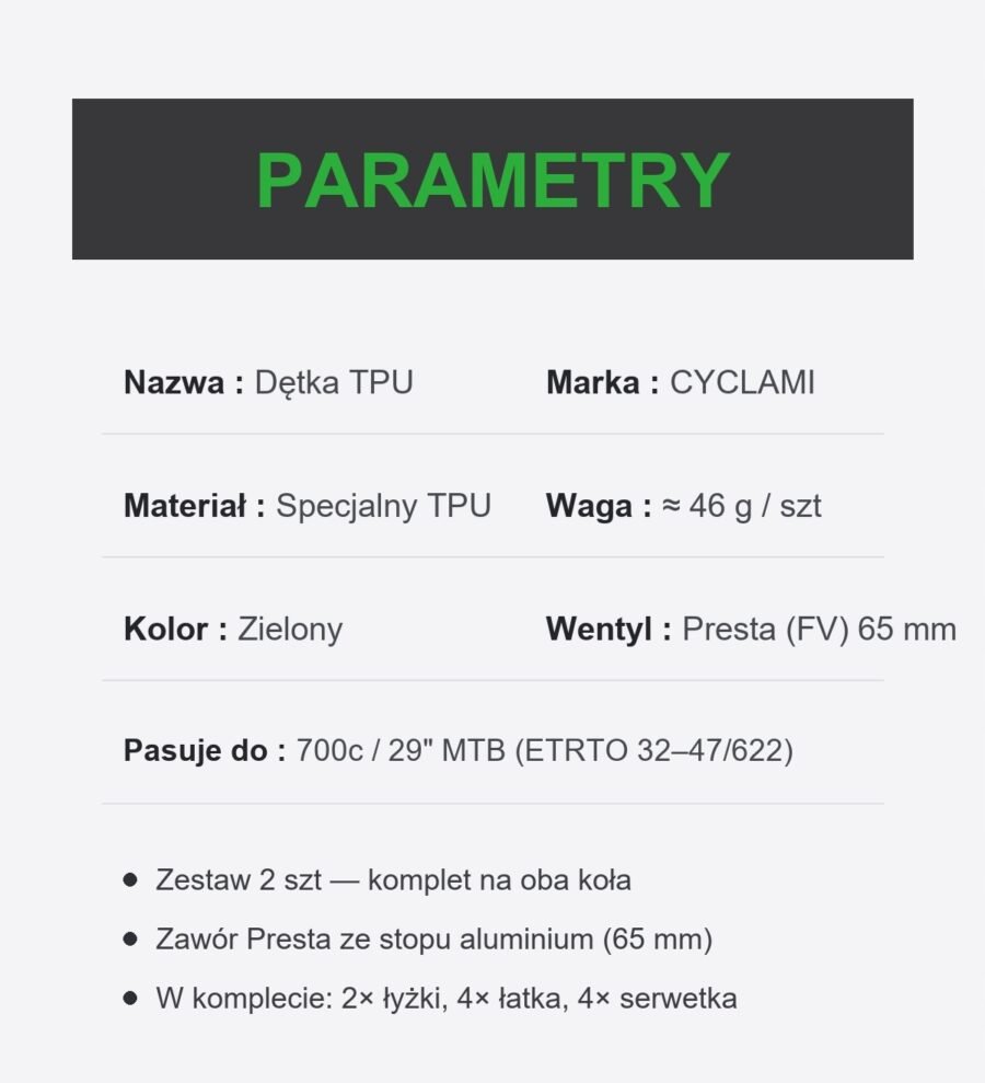 al-i29mtb-2x-v65pr-pl-46g-green-6 Dętka TPU Zestaw 2szt 700C 29 MTB (32/47-622) Presta 65mm