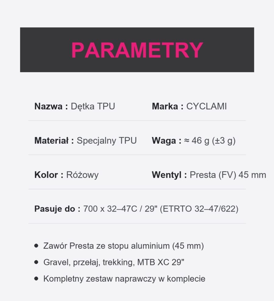al-i700gt-v45pr-pl-46g-pink-7 Dętka rowerowa TPU Gravel 29″ (32/47-622) Presta 45mm 46g