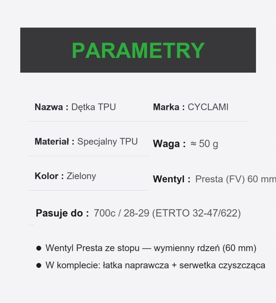 al-i700gt-v60pr-rvc-pl-50g-green-6 Dętka TPU Gravel MTB 29 32/47-622 Presta 60mm wymienny rdzeń wentyla 50g