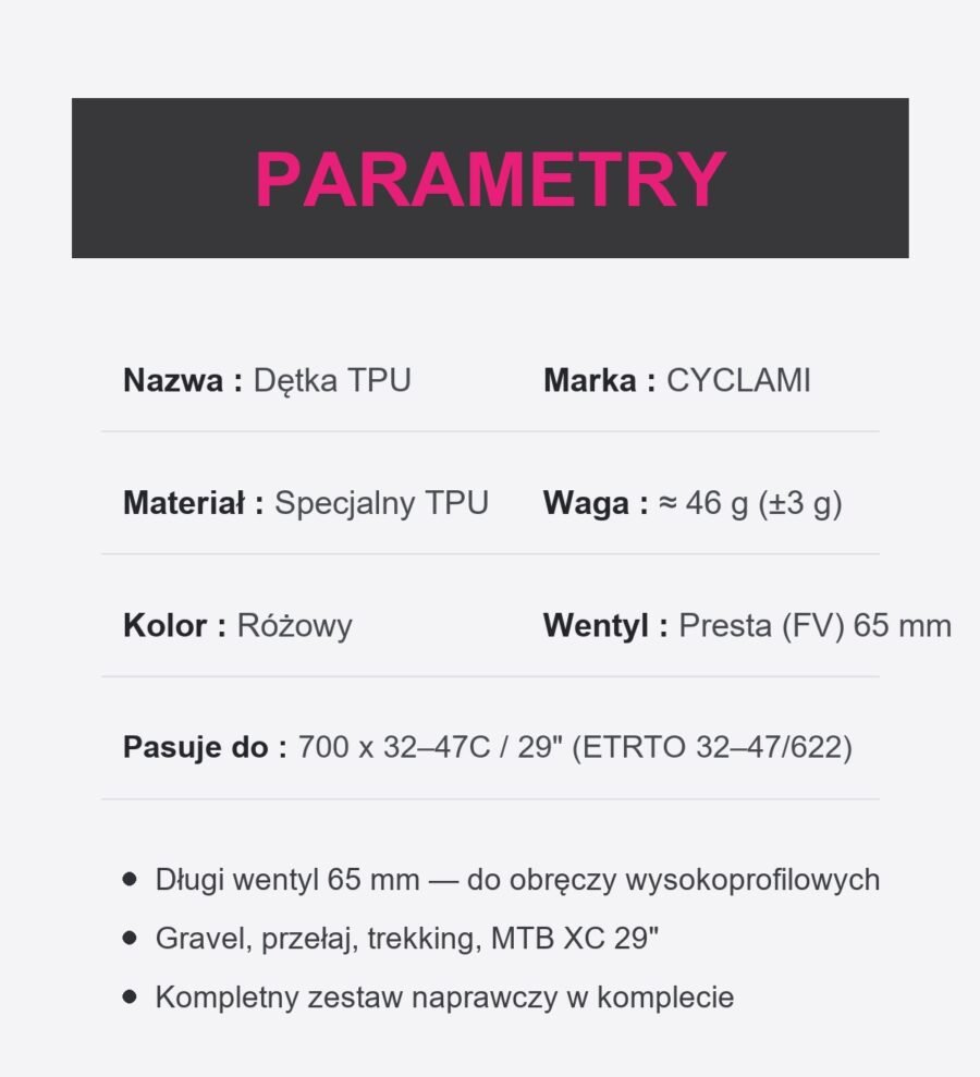 al-i700gt-v65pr-pl-46g-pink-7 Dętka rowerowa TPU Gravel 29″ (32/47-622) Presta 65mm 46g