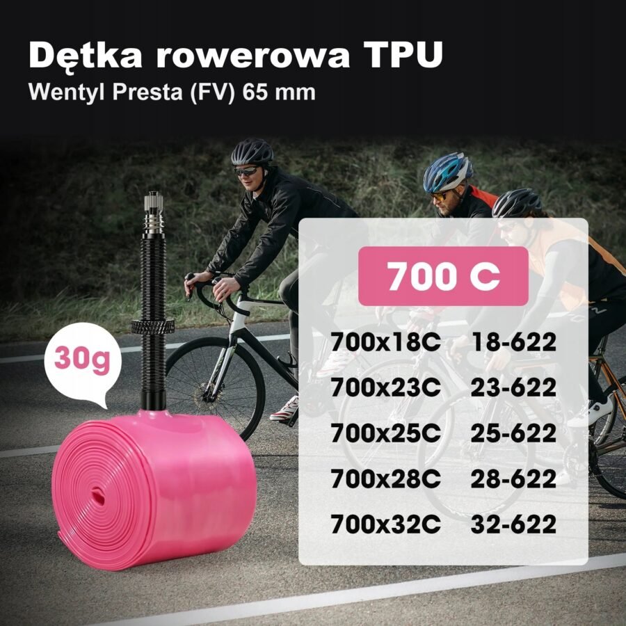 al-i700rt-v65pr-rvc-pl-30g-pink-3 Dętka rowerowa TPU 700C 18/32-622 Presta 65mm wymienny rdzeń wentyla 30g